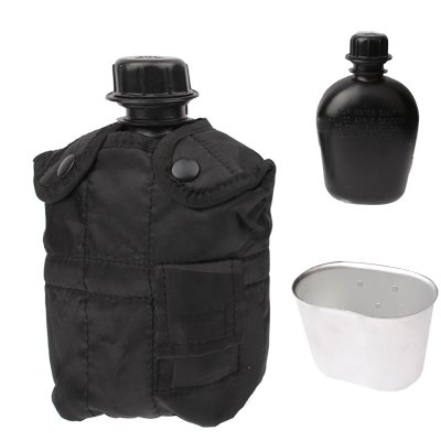 3-in-1 1L Feldflasche / Wasserflasche im Army Design US Armee-Militär Trinkenflasche mit Becher (Kantine) und schwarzer Nylon-Tragetasche & schwarze Flasche