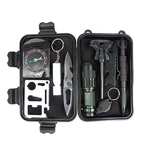 LANMING 11 in 1 Selbsthilfe Außen Survival Kit Set Notfall Self Help Sport Camping Wandern Werkzeuge Box Set， Feuer-Starter,Taschenlampe,Rettungsdecken，Survival-Armbändern，Multi-Tool-Karte, Kompass，Tactical Pen,Survival Whistle,Key Chain Light ,Wasserdichte Survival Kit Box