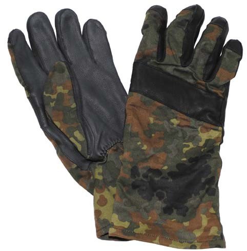 BW Kampfhandschuhe, flecktarn, Lederbesatz, gebr.