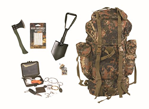 Survival Set BW Bundeswehr flecktarn Kampfrucksack + Spaten + Beil + Survival Box usw.